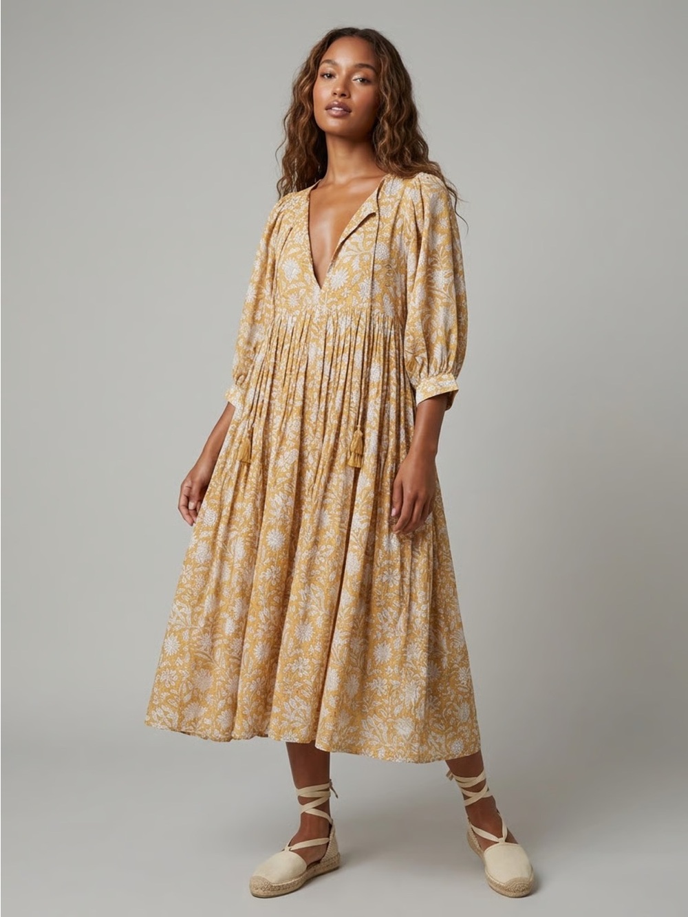 DAUGHTERS OF INDIA Mustard Yellow Floral Boho Tunic Maxi Dress Sz M
